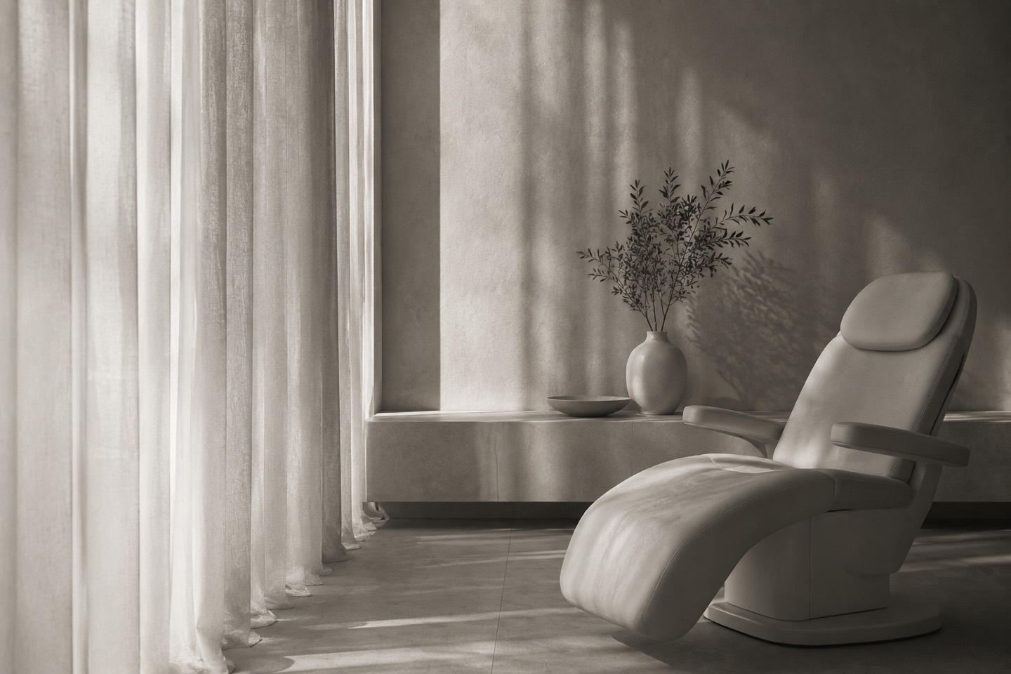 Inside the SkinMedics clinic — a treatment chair beside sheer-curtained windows